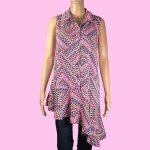 New Directions Funky Artsy Print Asymmetrical Ruffle Hem Top Size Small - "Daisy